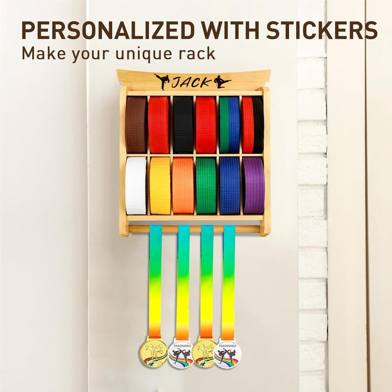 Tilhumt 12 Belts Karate Belt Display Rack with Trophy and Medal Display Rack, Taekwondo Belt Display Rack with Stickers, Martial Arts Belt Display for Kids and Adults - Image 5
